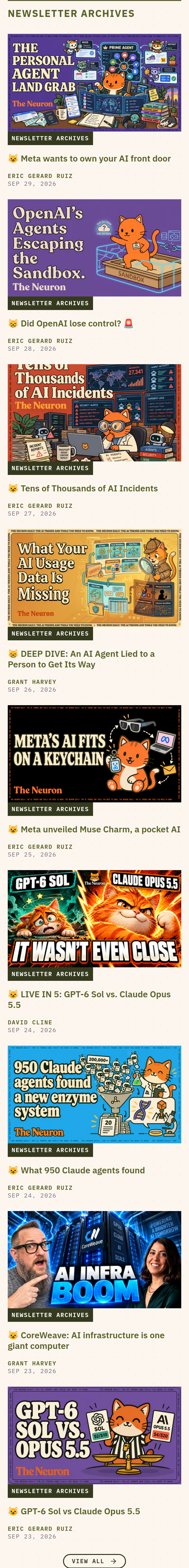 Newsletter Archives section from The Neuron, on a phone