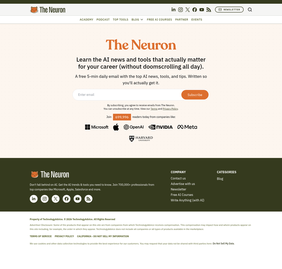 Subscribe page of The Neuron