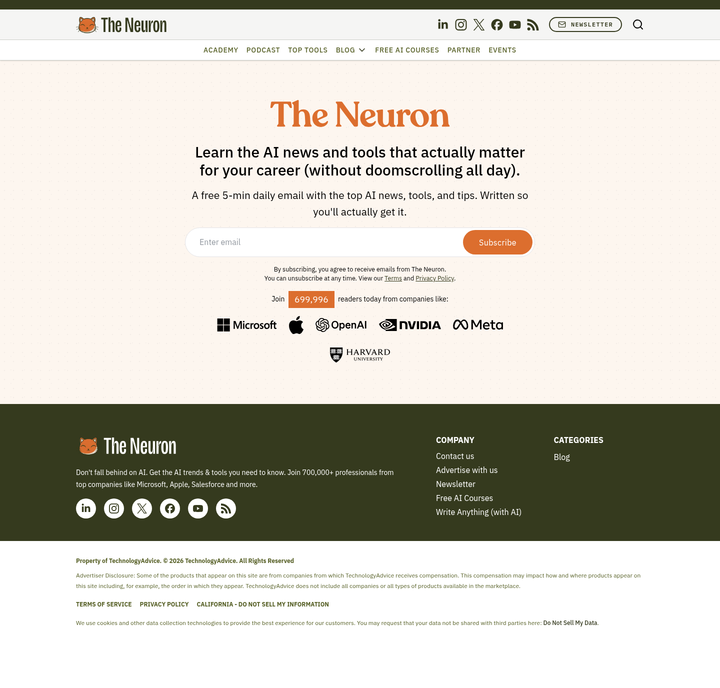 Subscribe page from The Neuron