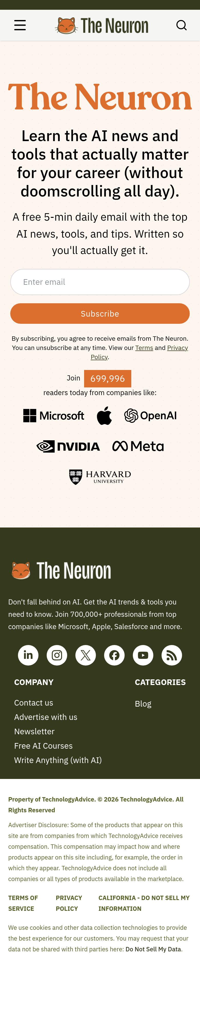 Subscribe page of The Neuron, on a phone