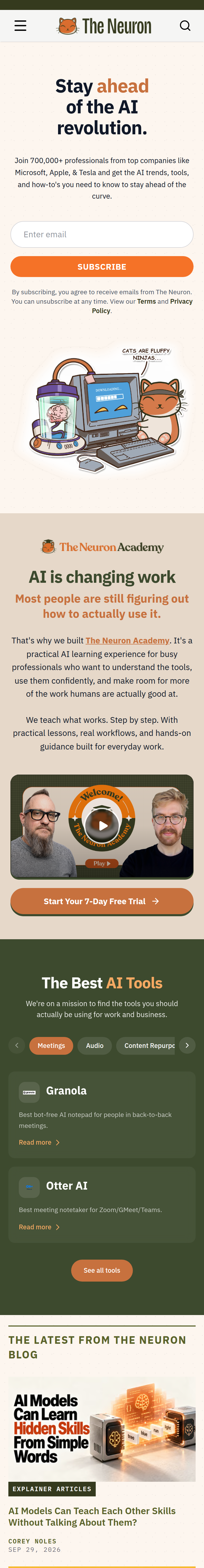 Home page of the The Neuron website, on a phone