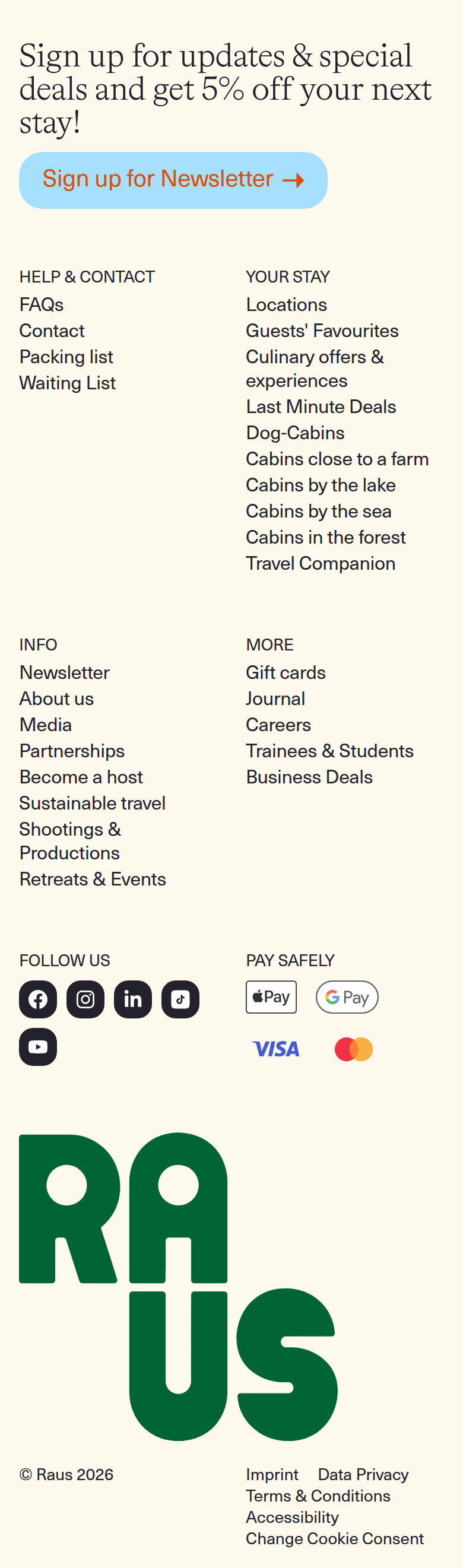 Sign Up for Updates and Special Deals section from Raus, on a phone