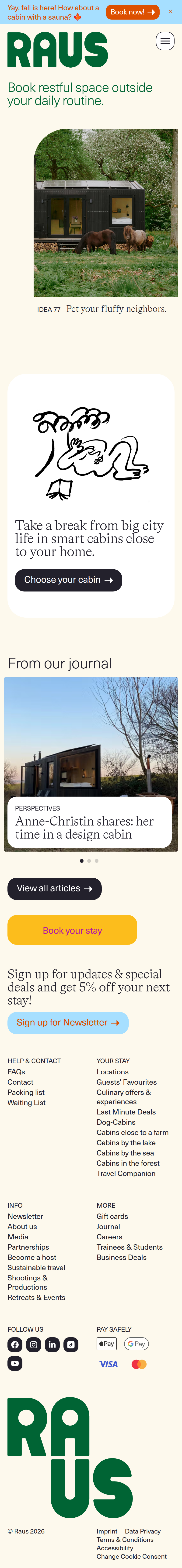 Home page of Raus, on a phone