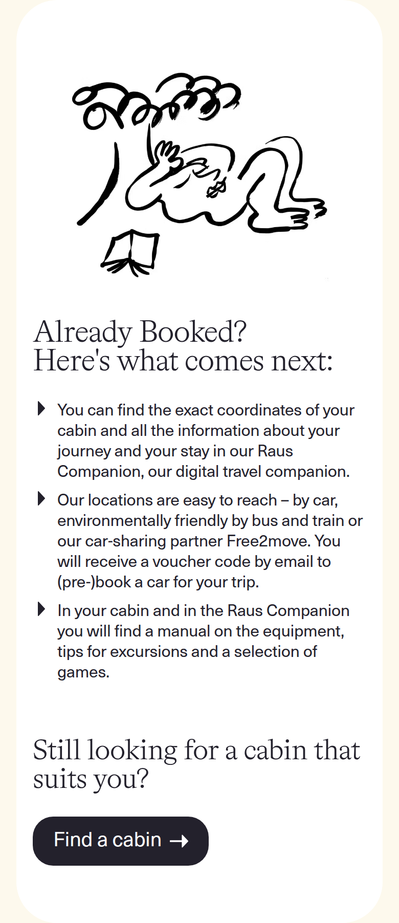 Already Booked? Here's What Comes Next section from Raus, on a phone