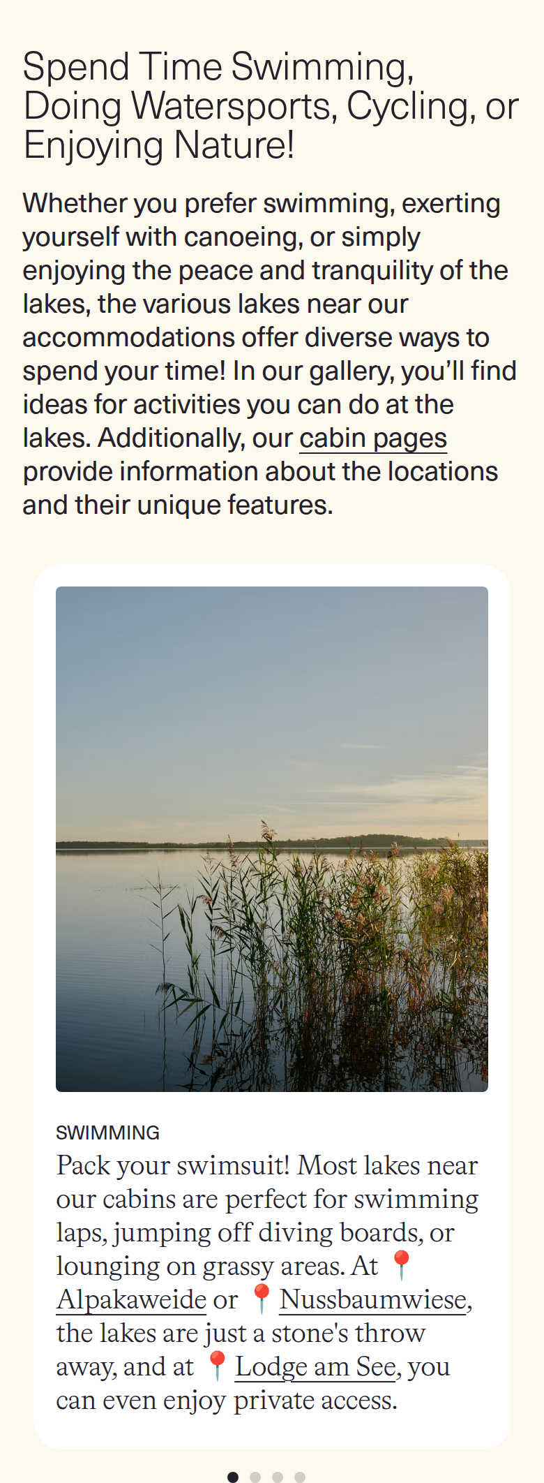 Swimming, Watersports and Cycling section from Raus, on a phone
