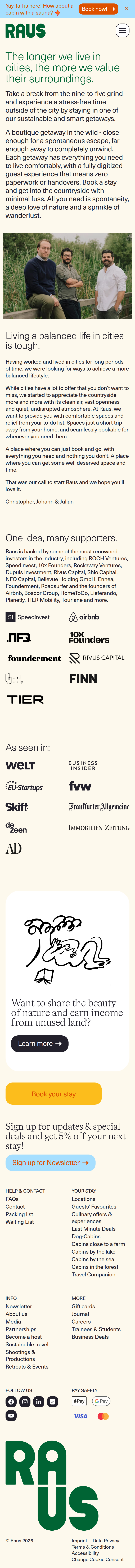 About Us page of Raus, on a phone