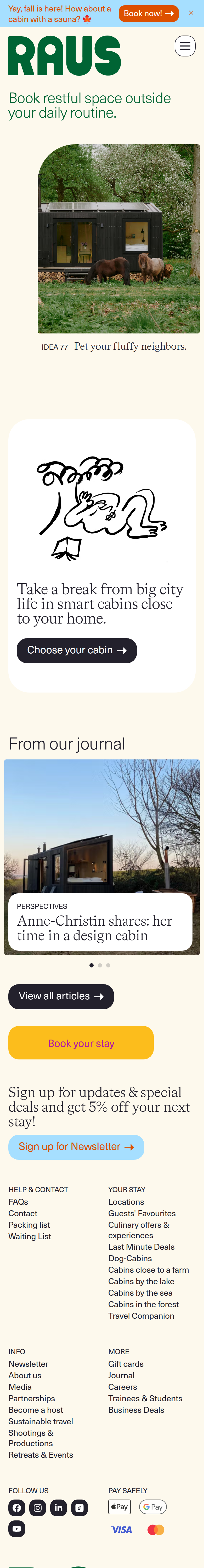 Home page of the Raus website, on a phone