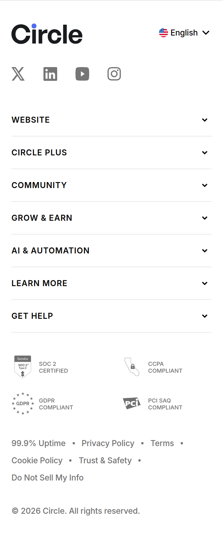 Footer section from Circle, on a phone
