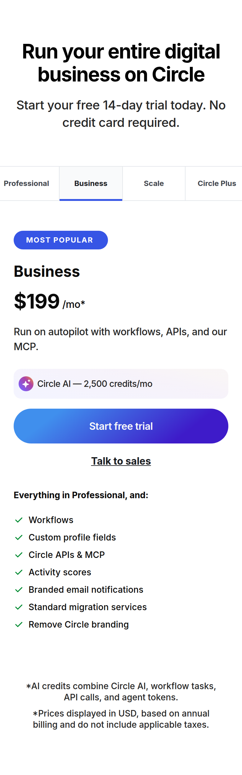 Pricing Plans section from Circle, on a phone