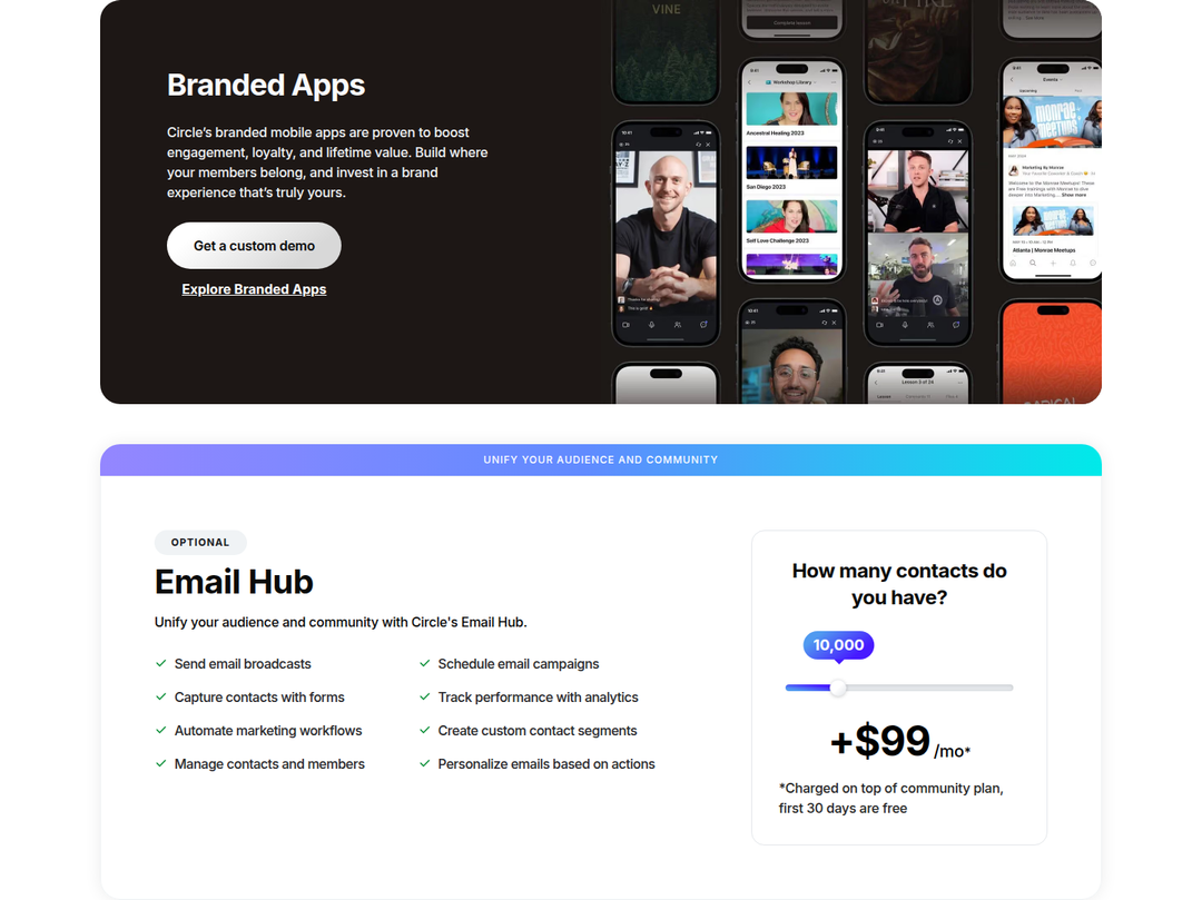 Branded Apps and Email Hub section from Circle