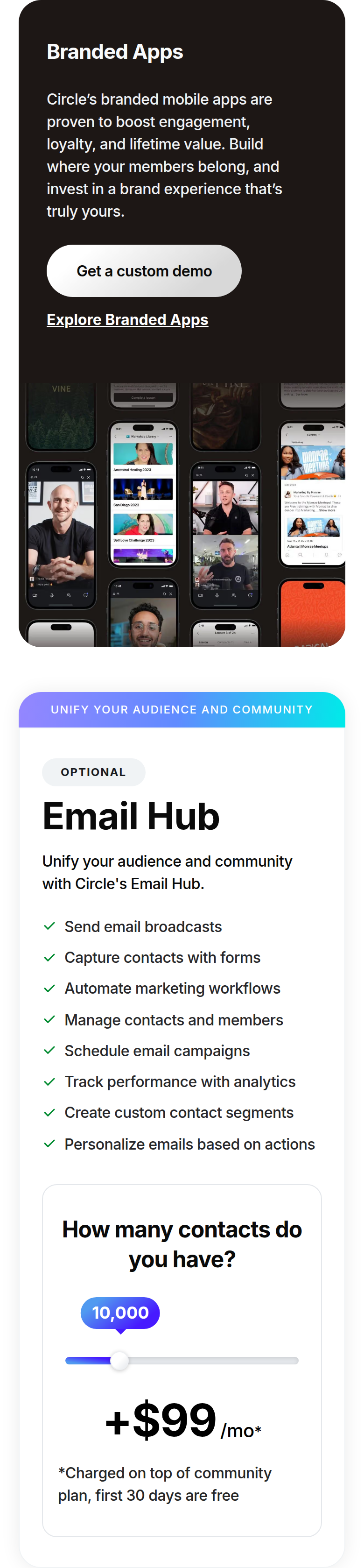 Branded Apps and Email Hub section from Circle, on a phone