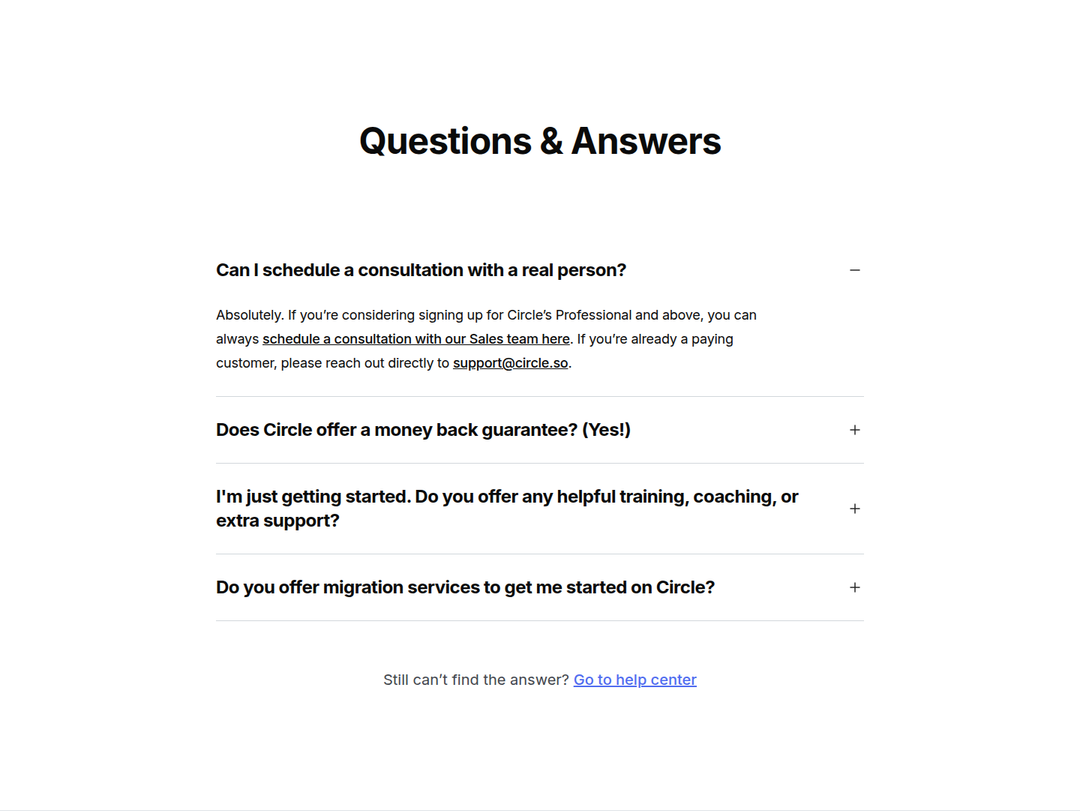 Questions and Answers section from Circle