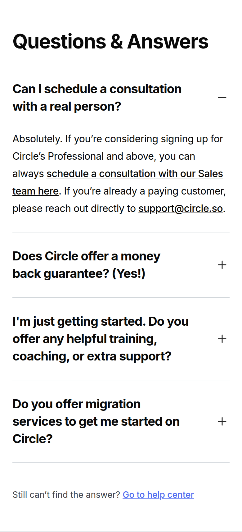 Questions and Answers section from Circle, on a phone