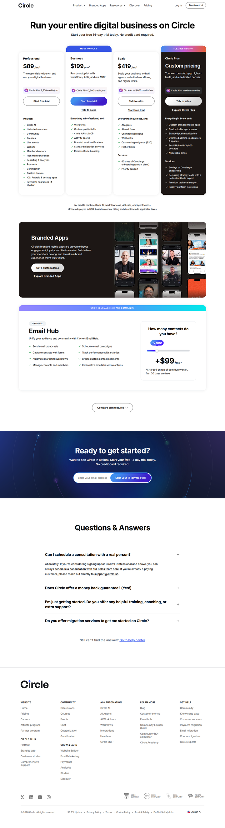 Pricing page from Circle