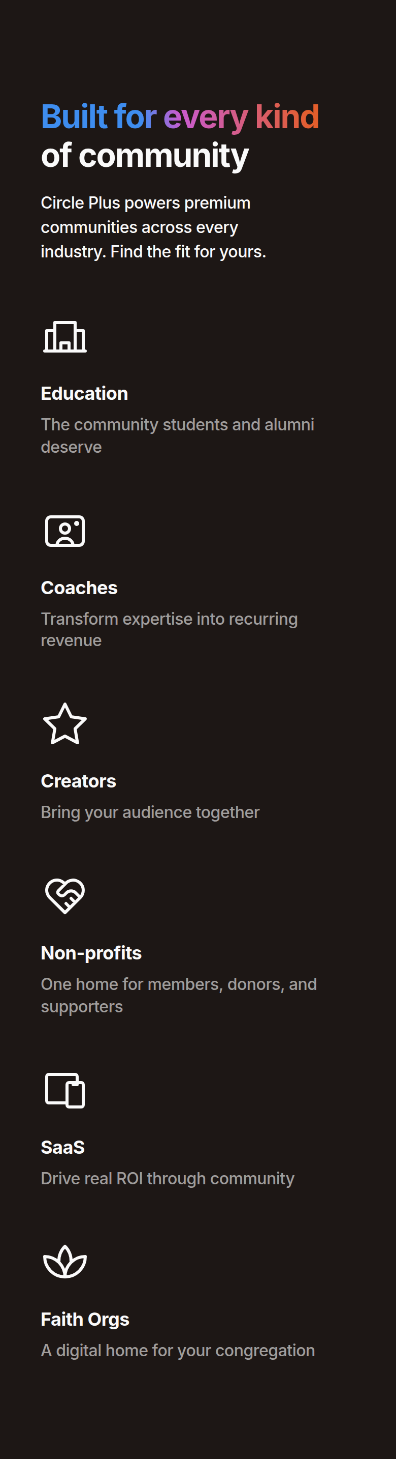 Every Kind of Community section from Circle, on a phone