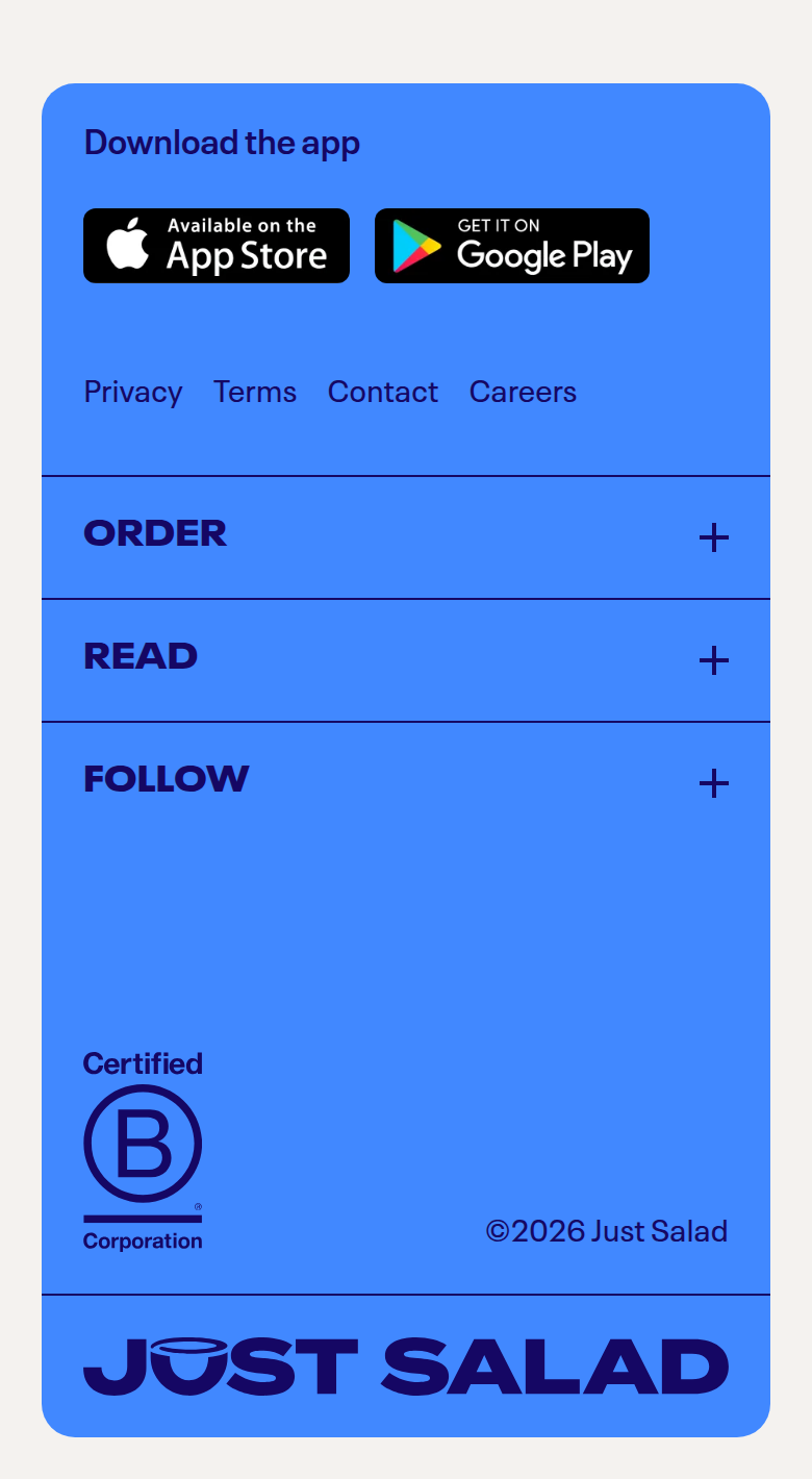 Footer section from Just Salad, on a phone