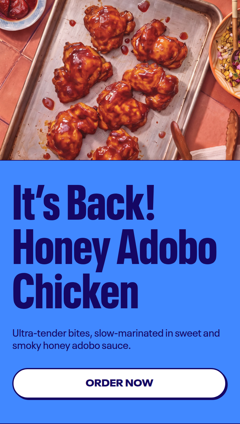 It's Back! Honey Adobo Chicken section from Just Salad, on a phone