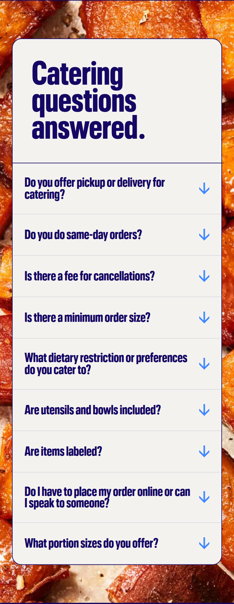 Catering Questions Answered section from Just Salad, on a phone