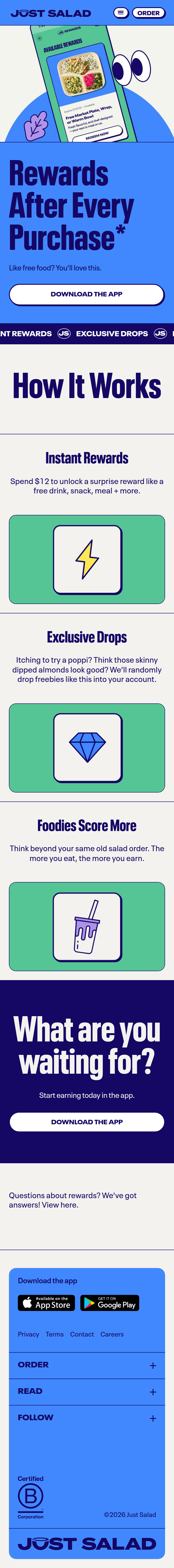 Rewards page of Just Salad, on a phone