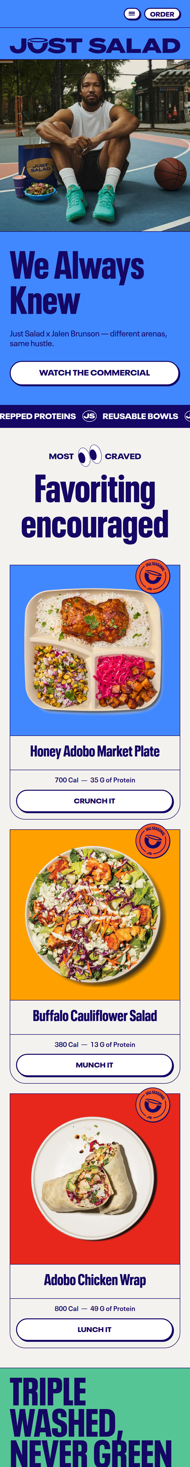 Home page of the Just Salad website, on a phone
