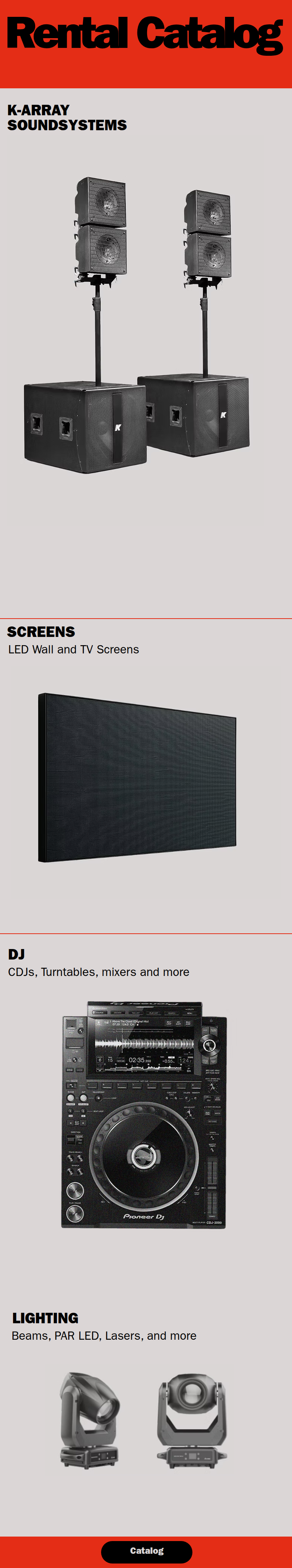Rental Catalog section from Orbit Audiovisuals, on a phone