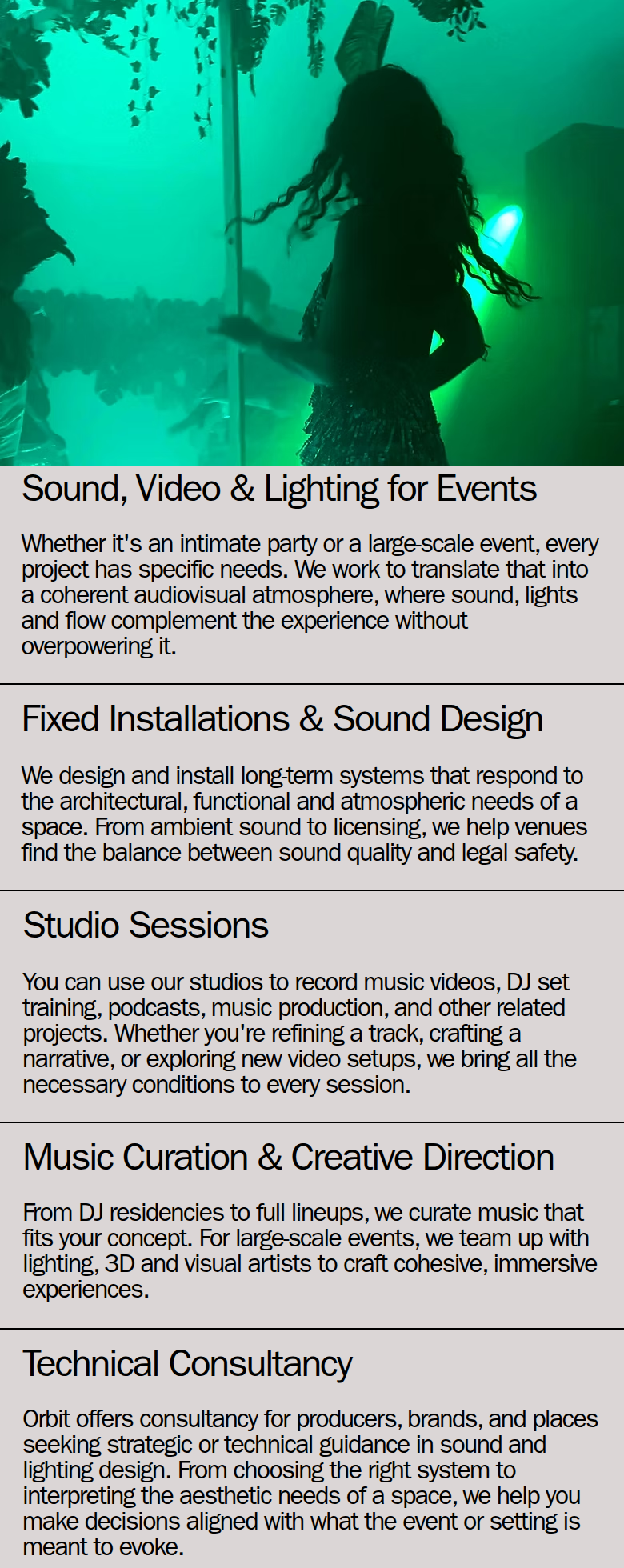 Sound, Video and Lighting for Events section from Orbit Audiovisuals, on a phone