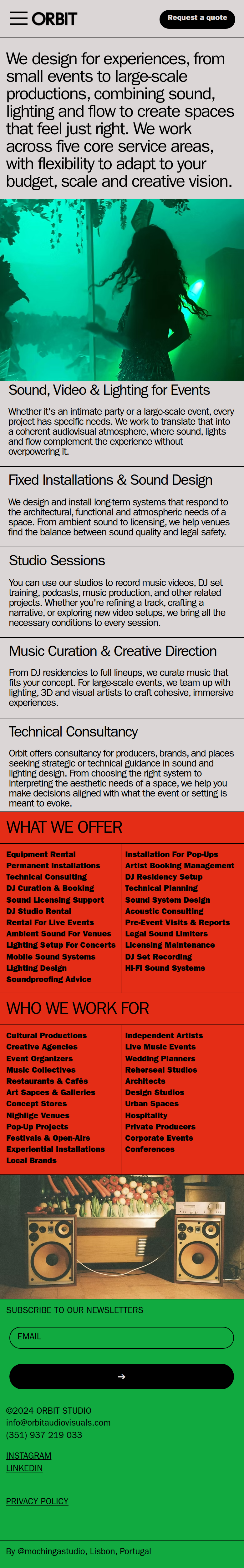 Services page of Orbit Audiovisuals, on a phone