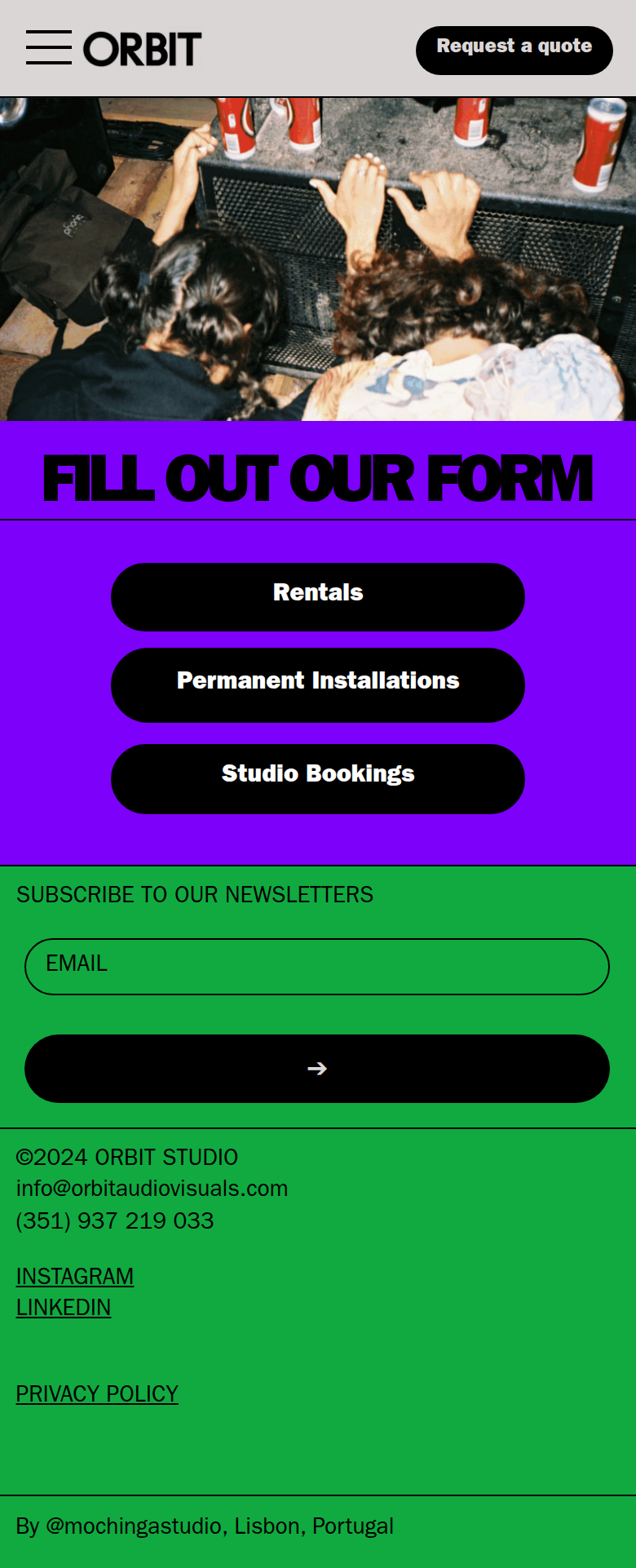 Request a Quote page of Orbit Audiovisuals, on a phone