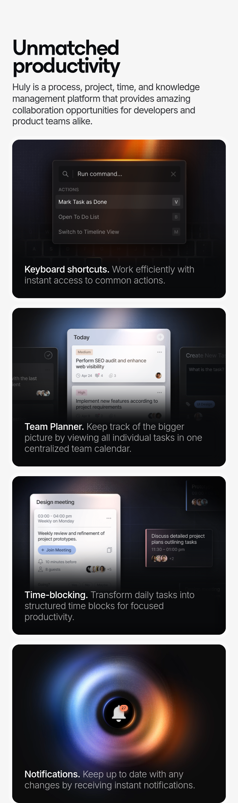 Unmatched Productivity section from Huly, on a phone