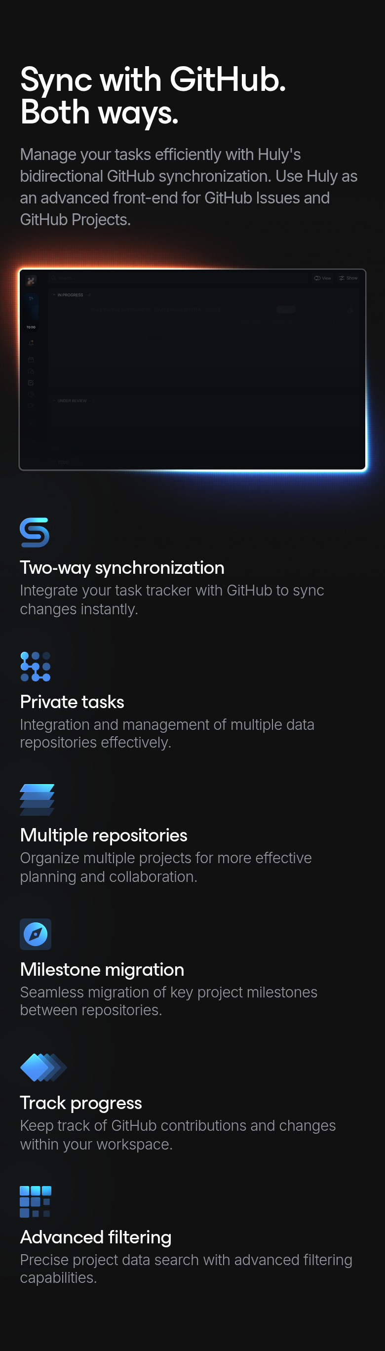 Sync with GitHub section from Huly, on a phone