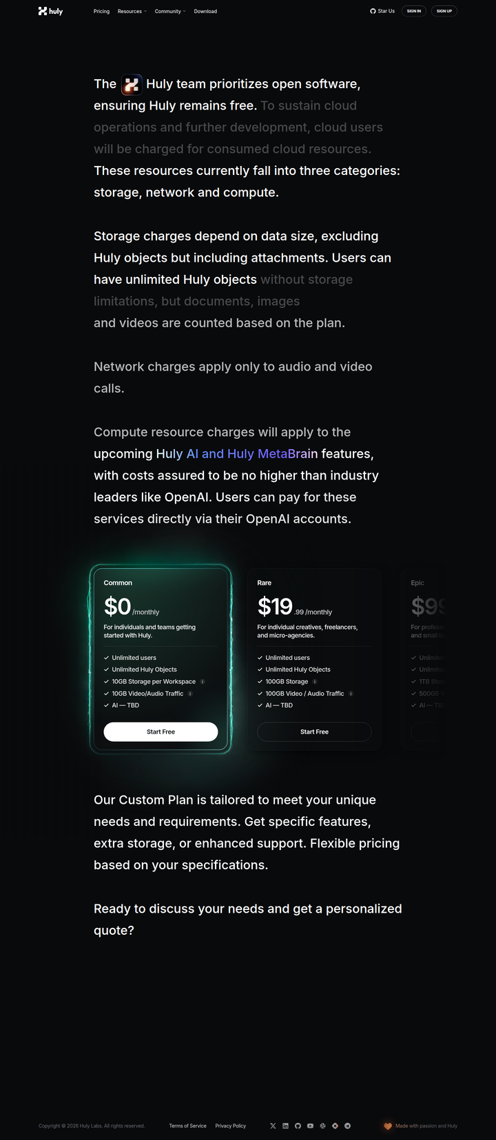 Pricing page from Huly