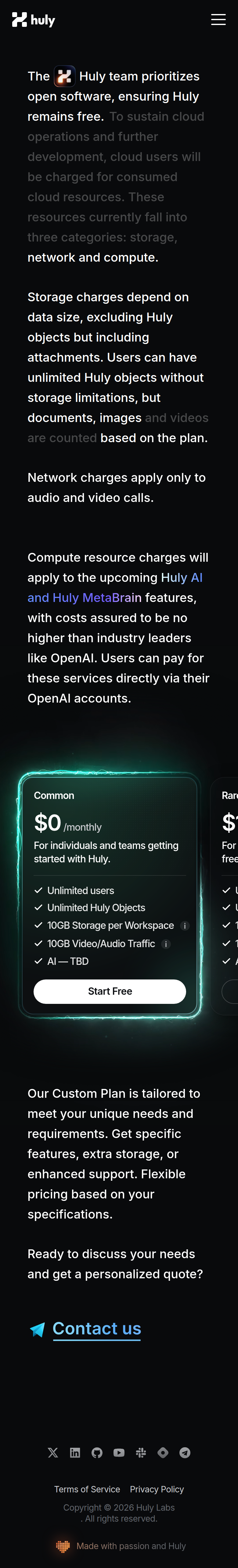 Pricing page of Huly, on a phone