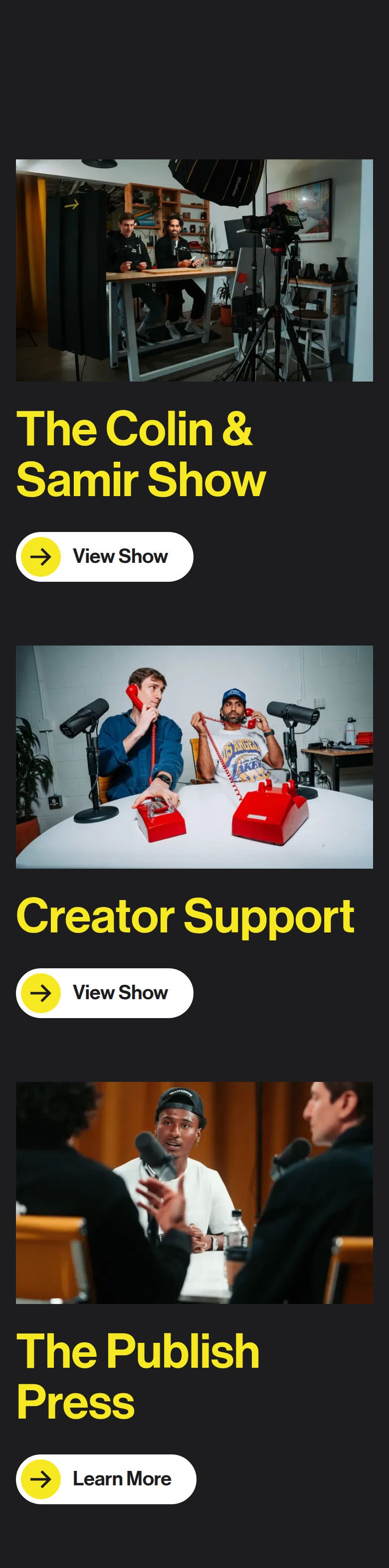 The Show, Creator Support and The Publish Press section from Colin & Samir, on a phone