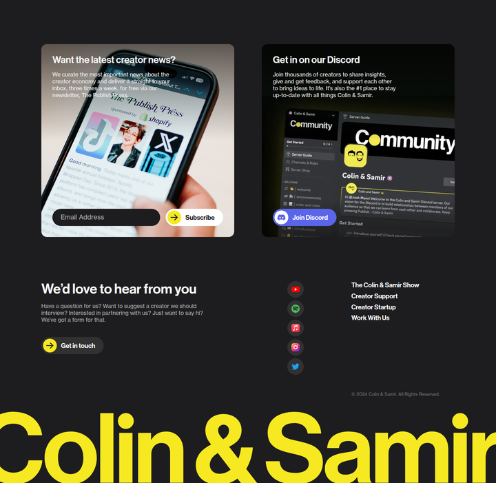Newsletter, Discord and Contact section from Colin & Samir