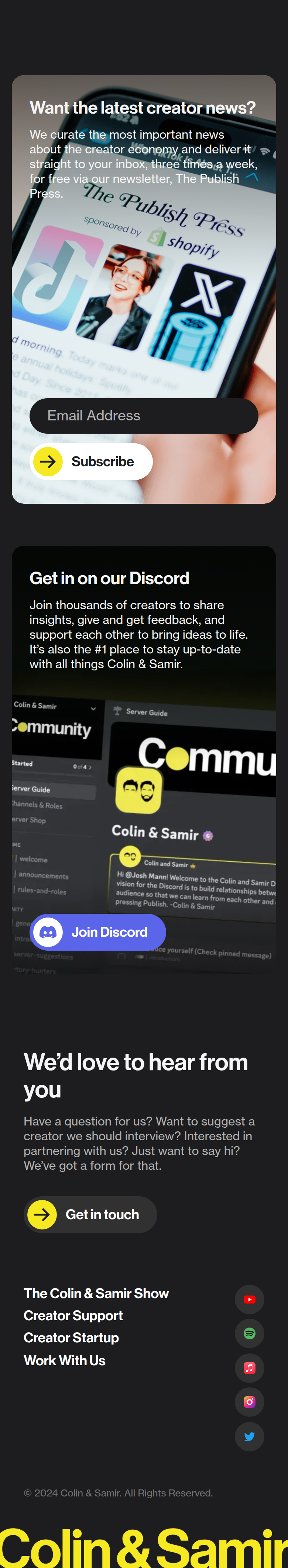 Newsletter, Discord and Contact section from Colin & Samir, on a phone