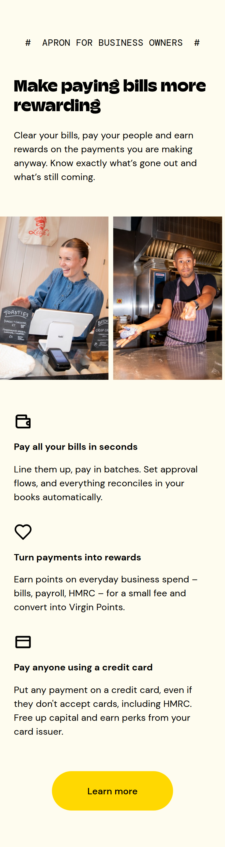 Make Paying Bills More Rewarding section from Apron, on a phone