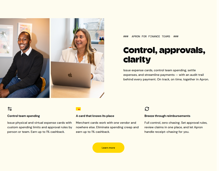 Control, Approvals, Clarity section from Apron