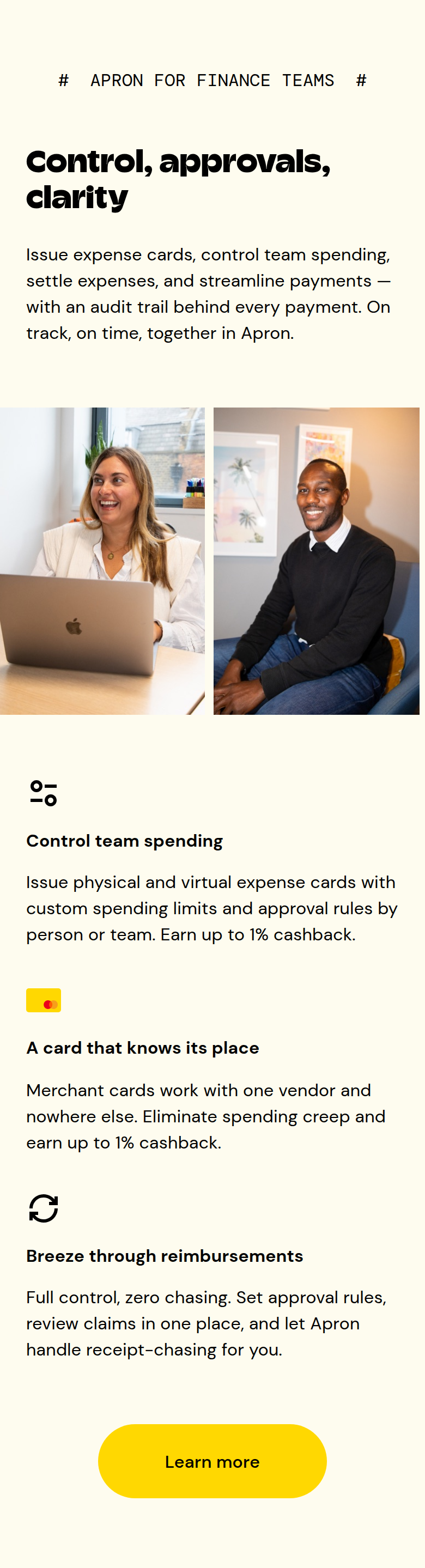 Control, Approvals, Clarity section from Apron, on a phone