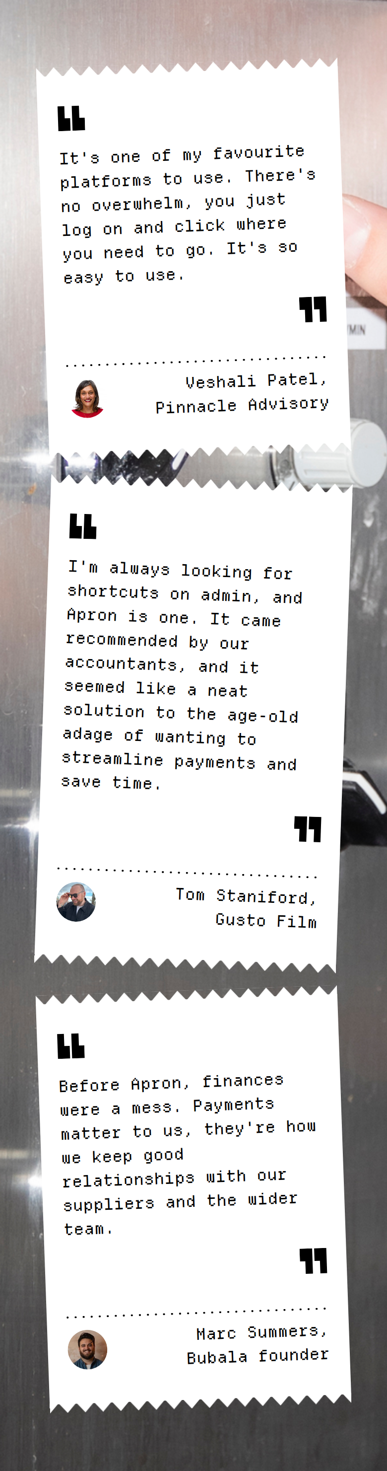 Customer Receipts section from Apron, on a phone