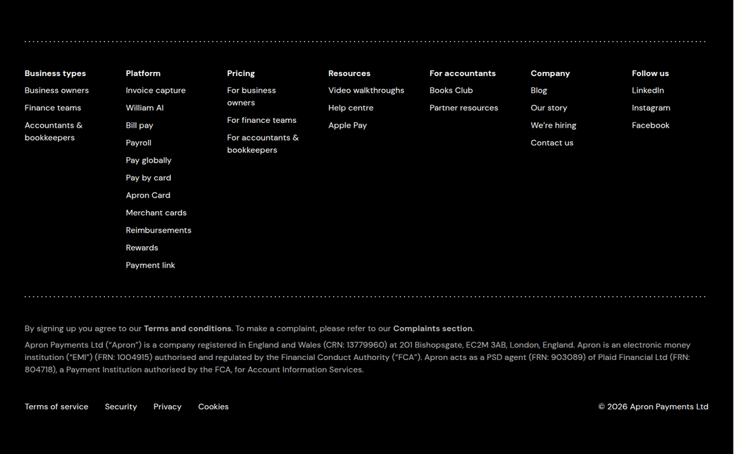 Footer section from Apron