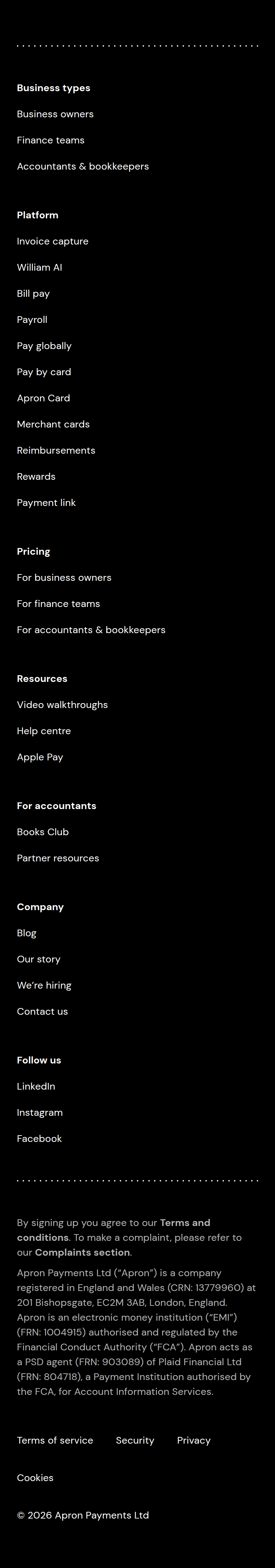 Footer section from Apron, on a phone