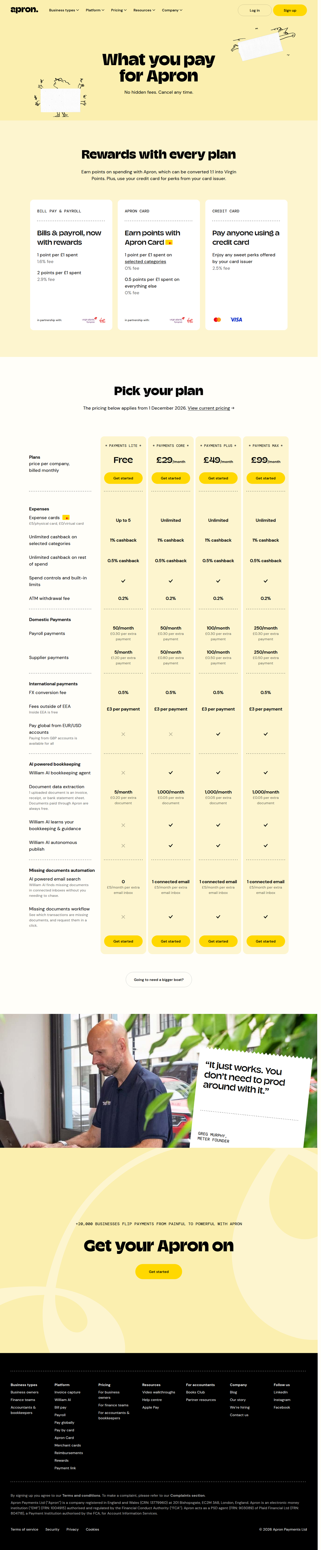Pricing for Business Owners page of Apron