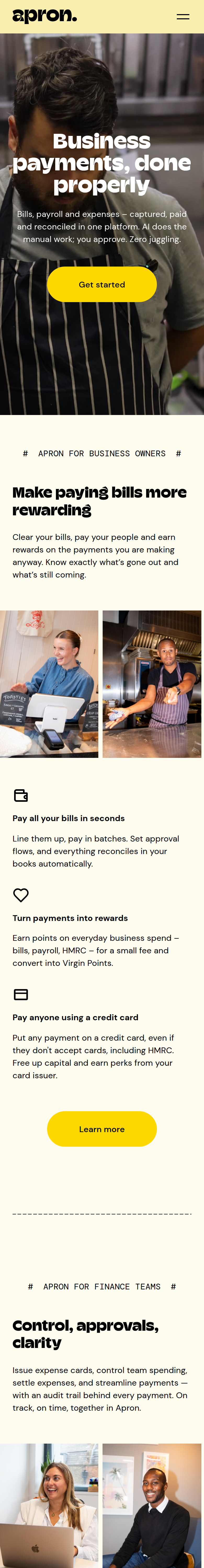 Home page of the Apron website, on a phone