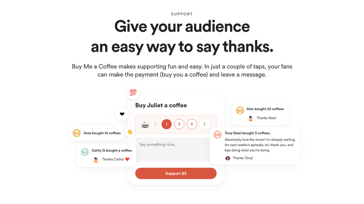 An Easy Way to Say Thanks section from Buy Me a Coffee