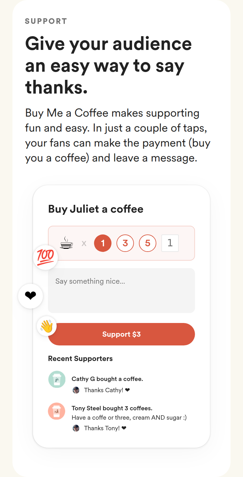 An Easy Way to Say Thanks section from Buy Me a Coffee, on a phone