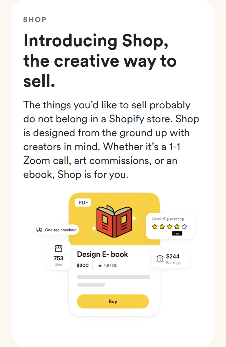 Introducing Shop section from Buy Me a Coffee, on a phone