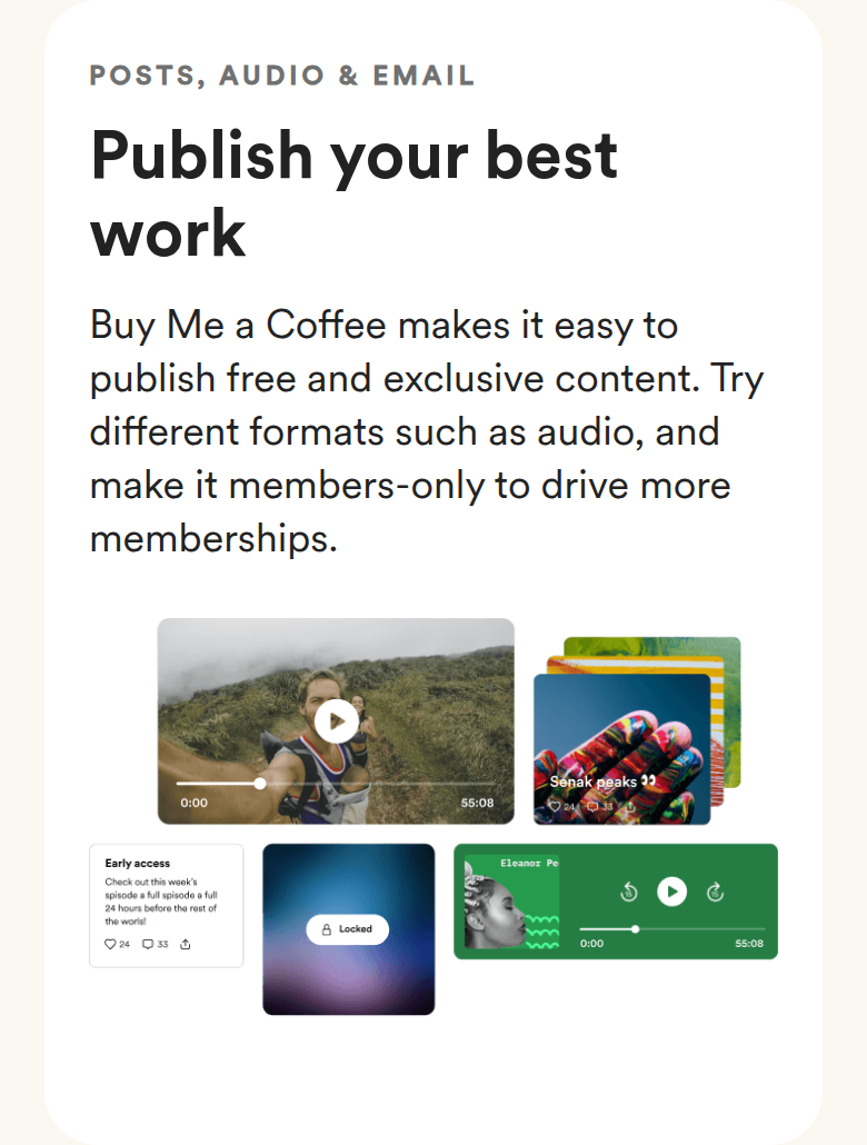 Publish Your Best Work section from Buy Me a Coffee, on a phone