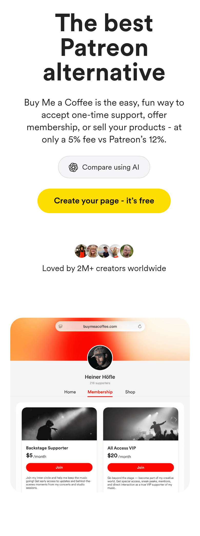 The Best Patreon Alternative section from Buy Me a Coffee, on a phone