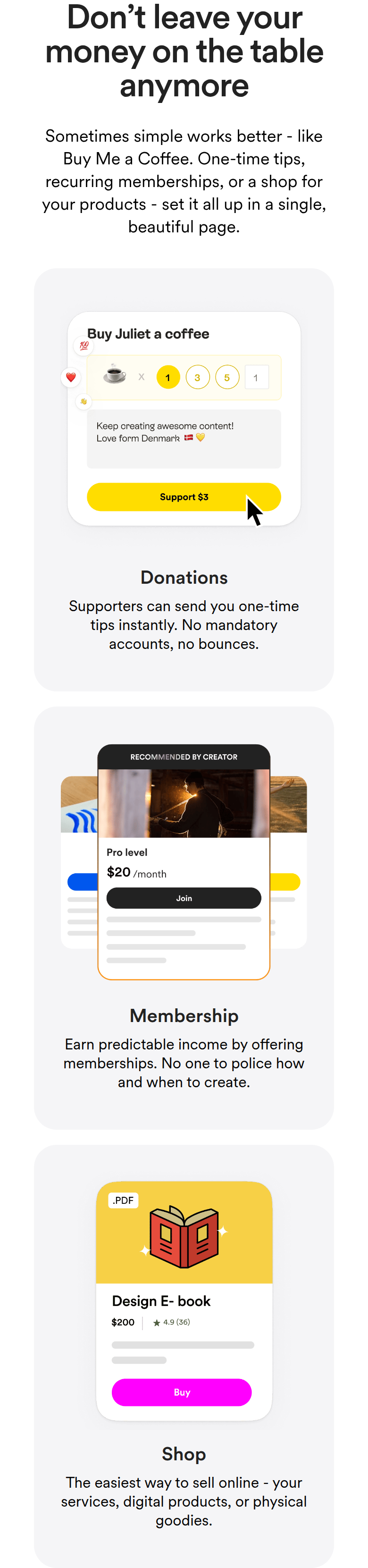 Don't Leave Your Money on the Table section from Buy Me a Coffee, on a phone