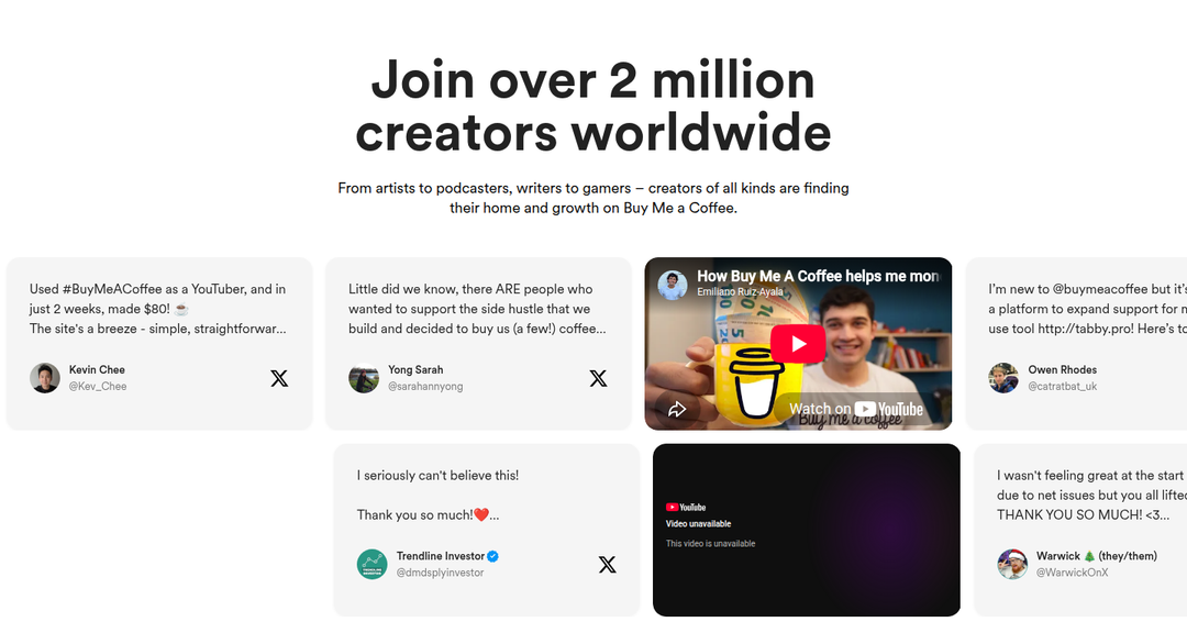 Join Over 2 Million Creators section from Buy Me a Coffee